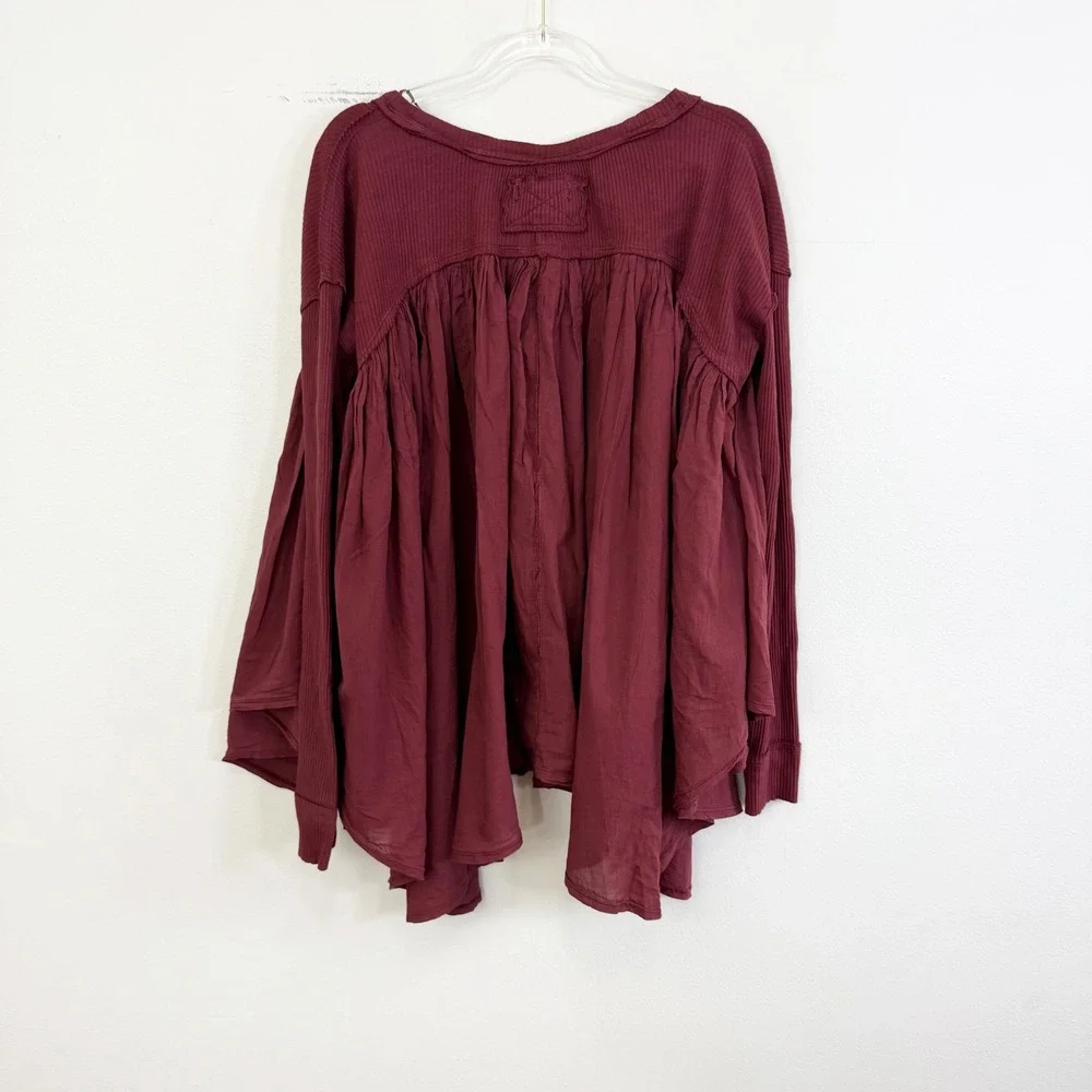 Free People Lyrical Tunic Burgundy Ribbed Long Sleeve Top Extra Small